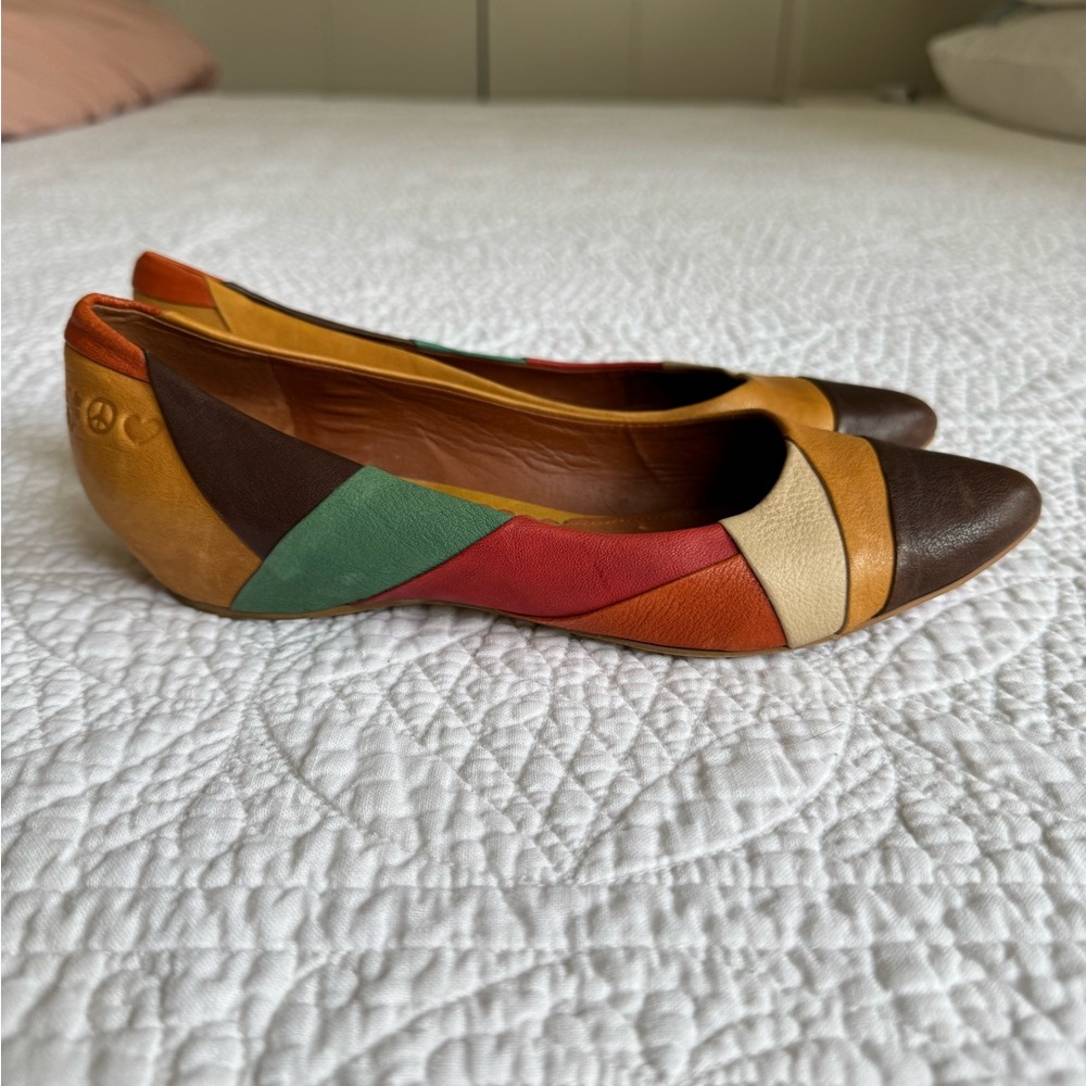 Lucky Brand pointed toe leather pathwork flats with wedge heel